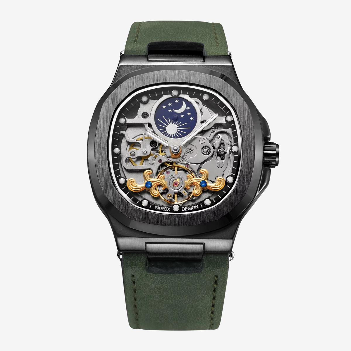 Montre automatique mécanique squelette homme Lunar Noir/Vert - 1