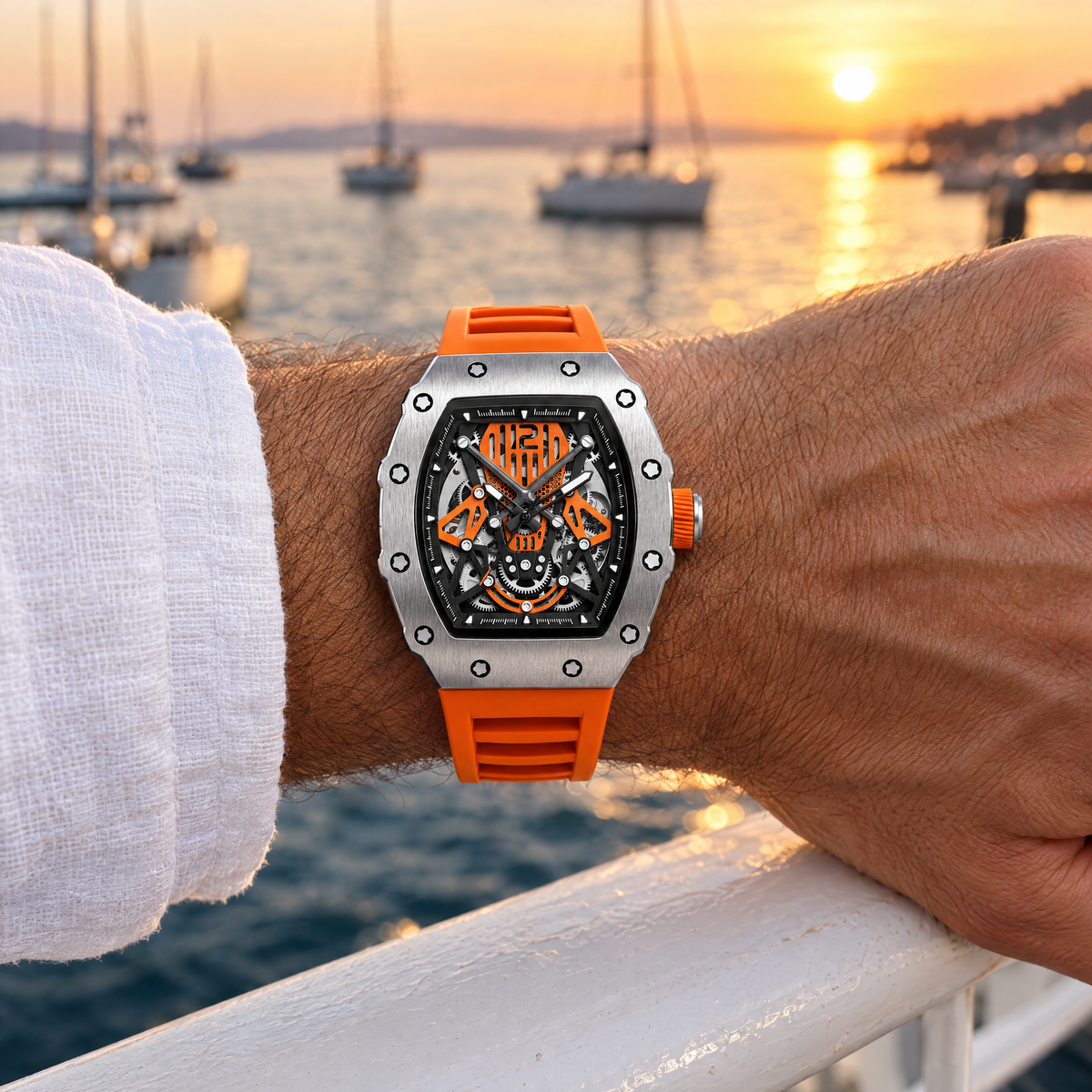 Montre automatique mécanique squelette homme Chrono Orange - 5