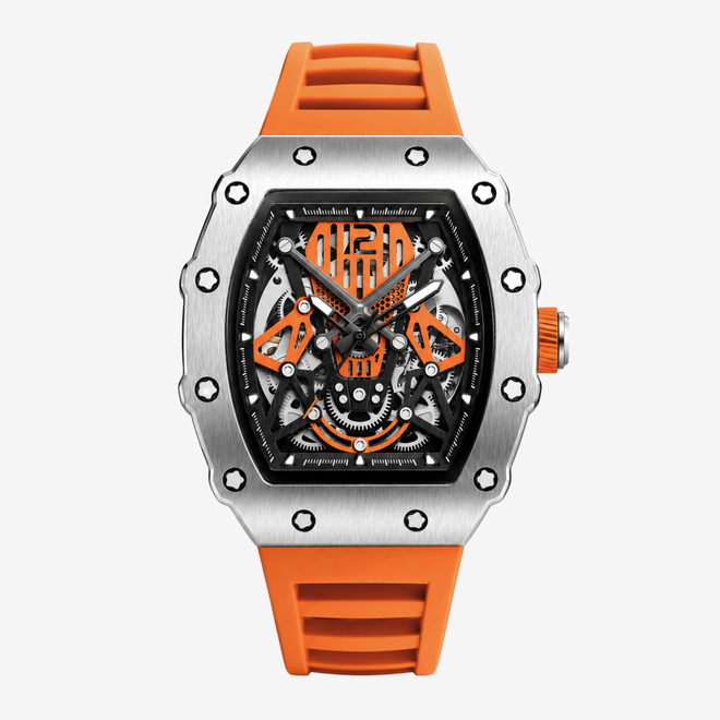 自動巻き 機械式 スケルトン メンズ腕時計 Chrono オレンジ - 1