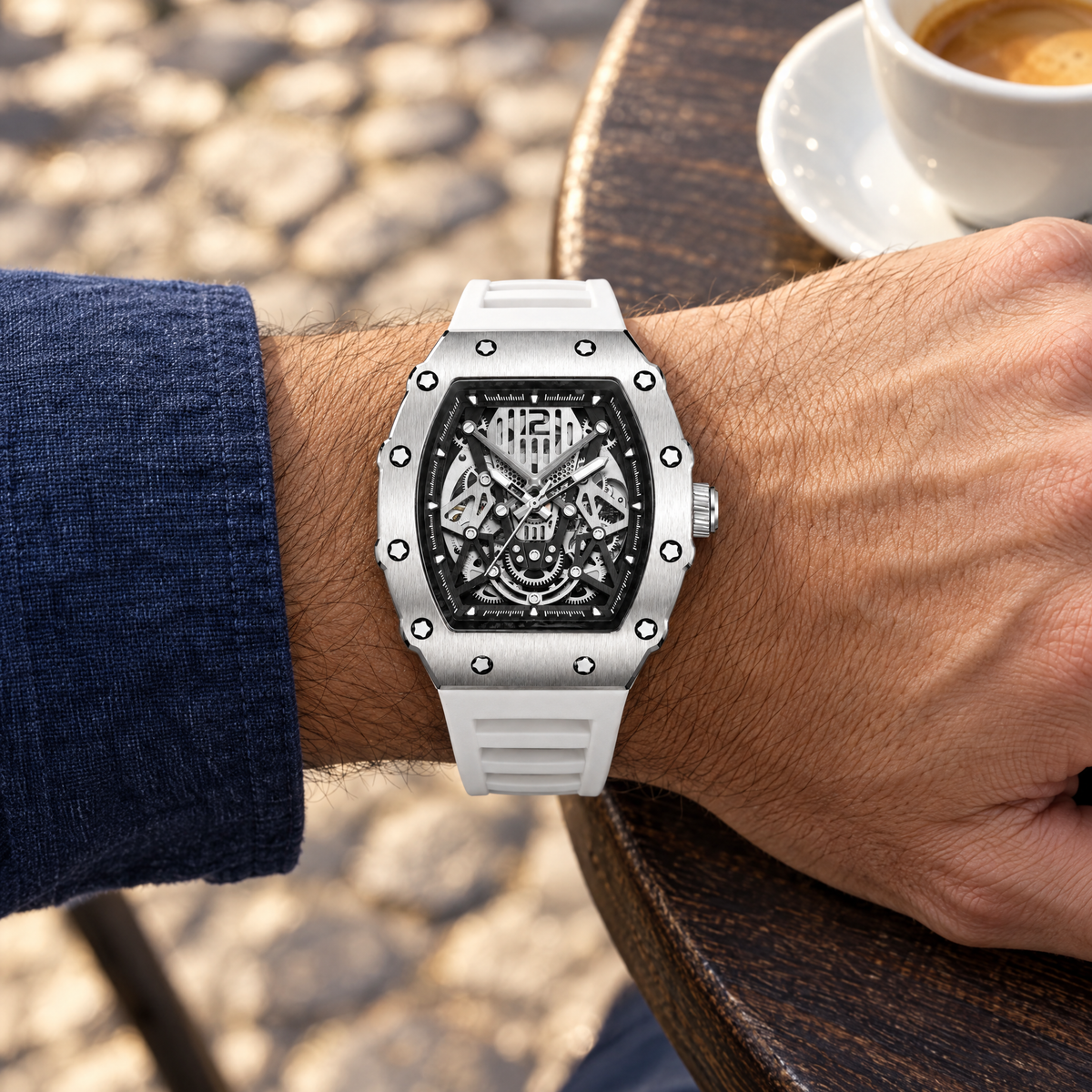 Montre automatique mécanique squelette homme Chrono Blanc - 5