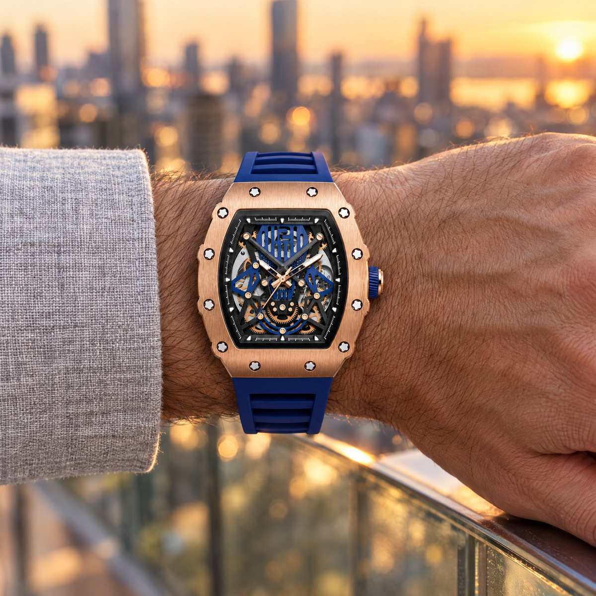 Montre automatique mécanique squelette homme Chrono Bleu - 5