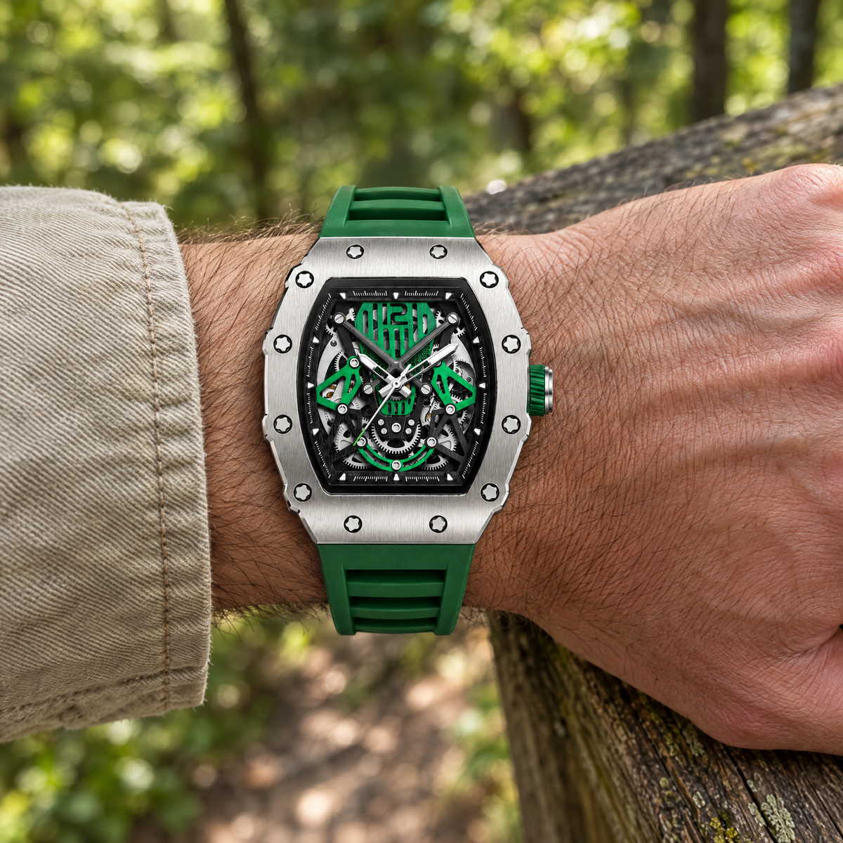 Montre automatique mécanique squelette homme Chrono Vert - 5