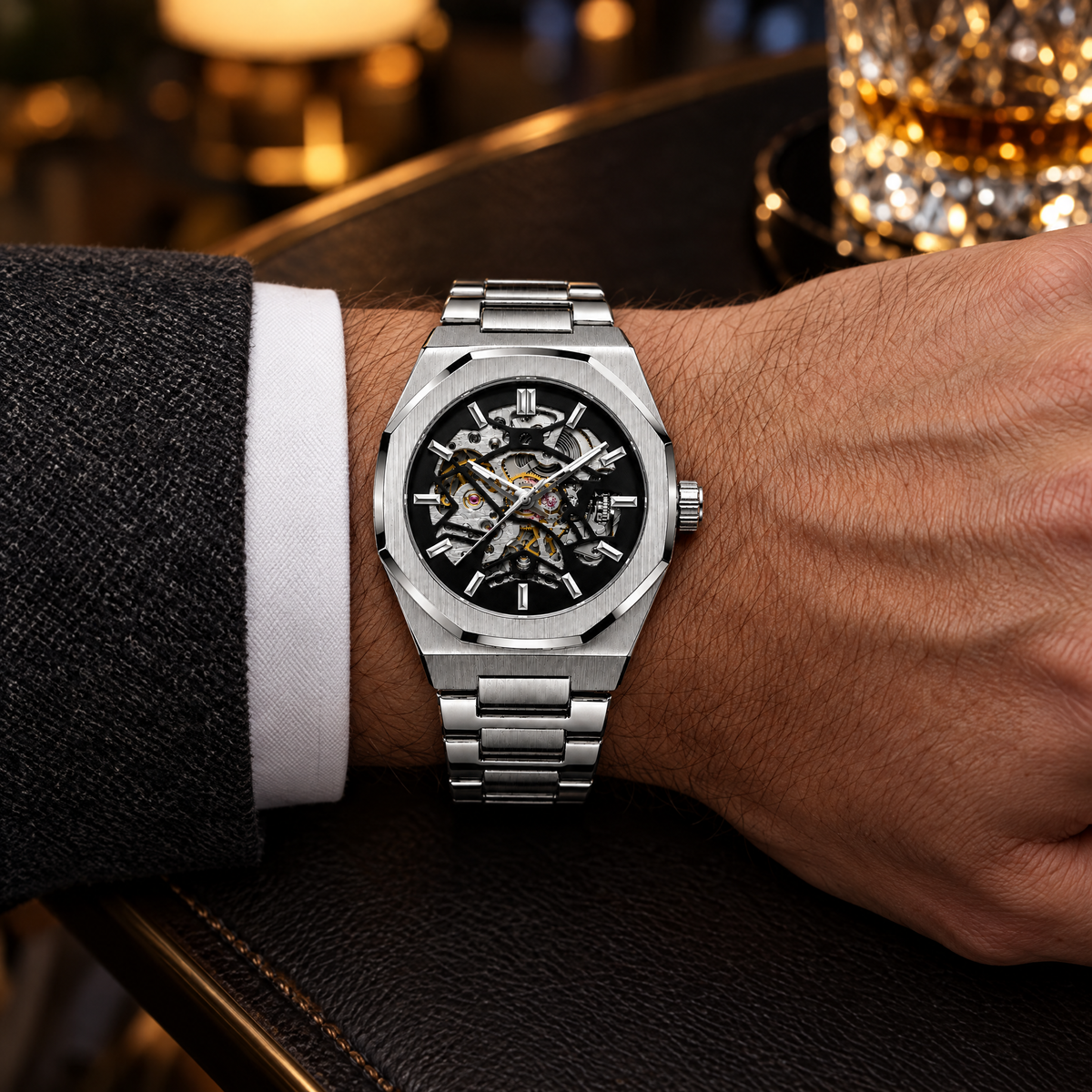 Montre automatique mécanique squelette homme Legend Argent - 4